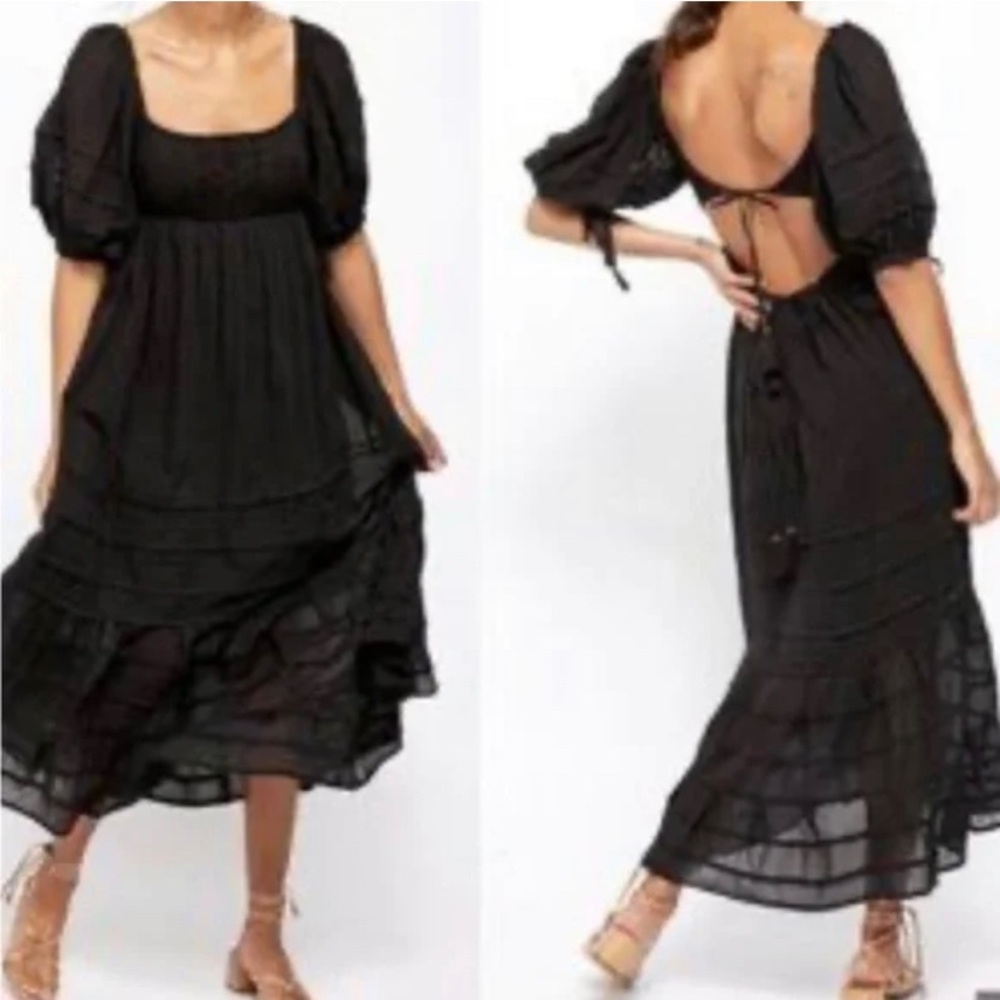 Free people let’s be friends puff sleeve maxi dress  open tie back size M NWT